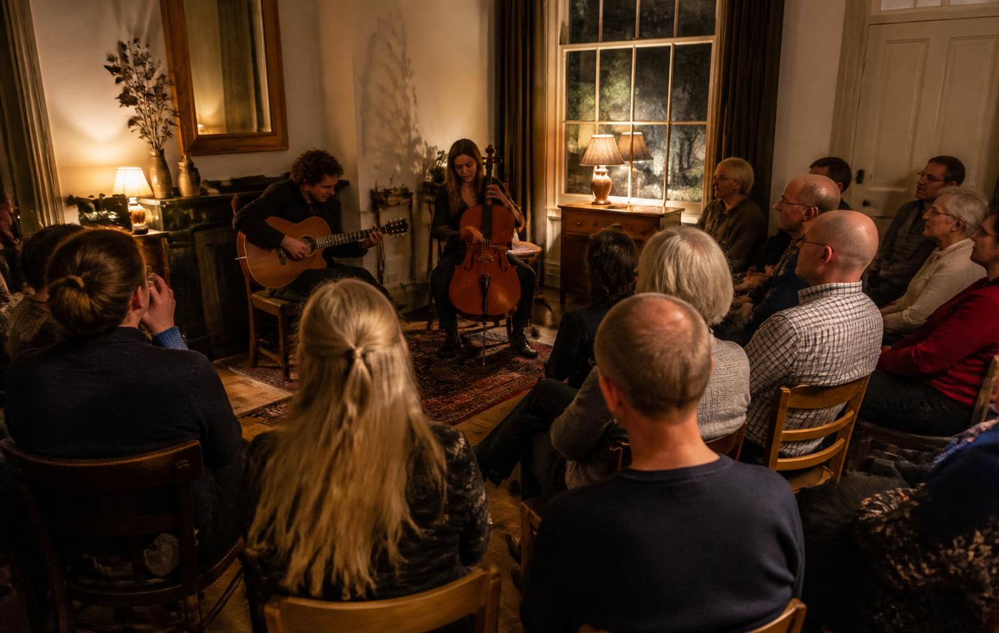 Een akoestisch duo speelt voor buurtbewoners in een huiskamer