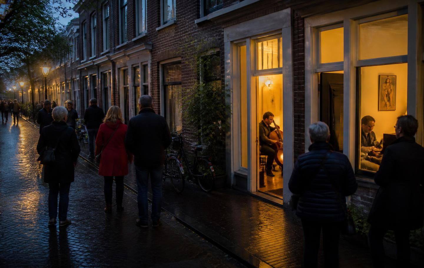 Bezoekers lopen bij avondlicht langs open huiskamers in Dordrecht